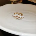 Vintage gold open ring featuring elegant pearls and sparkling zircons for women - Multi-layer Composite Style (WR271) / Gold