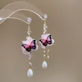 Elegant pink fabric flower earrings with butterfly and white teardrop pearl drops - Butterfly Tassel 925 Sterling Silver Earring Post Style (185#) / Gold-Pink