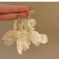 Elegant cream fabric flower drop earrings with gold chain and crystal studs for summer - Rhinestone Tulle Multi-layer 925 Sterling Silver Earring Post Style (193#) / Gold-White