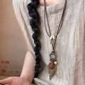 Bohemian long sweater necklace with resin pendant and bronze leaf charm on cord - 3# Gold Big Feather Style
