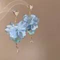 Elegant blue fabric flower drop earrings featuring heart-shaped crystal studs and butterfly - Heart Crystal Butterfly Long 925 Sterling Silver Earring Post Style (194#) / Gold-Blue
