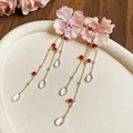 Handmade pink cloth flower earrings with dangling gold chains and red crystal beads - Single Flower Style (195#) / Pink