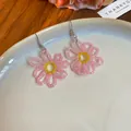 Handmade beaded flower drop earrings in translucent pink and yellow for summer fashion - Earring Hook Style (197#) / Pink