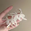Elegant handmade white fabric flower petal hoop earrings with crystal bead details - Hoop Style (198#) / White