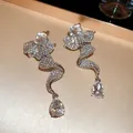 Luxury silver needle flower teardrop tassel earrings paved with sparkling rhinestones - Spiral Curve Full Rhinestone Water Drop Style (75#)