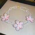 Choker floral vintage français orné de cristaux et de fleurs en dentelle rose élégant - 水晶花朵项圈 / Rose
