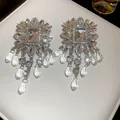 Statement silver needle rhinestone tassel earrings with crystal teardrop dangles for women - Waterdrop Pendant Tassel Style