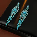 Elegant turquoise blue rhinestone long tassel dangle earrings with silver needle pins - Sky Blue Rhinestone Tassel Style
