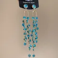 Elegant long silver needle tassel earrings with shimmering blue crystals and stones. - Blue Bead Chain Long Tassel Style