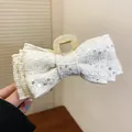 Elegant French vintage cream white tweed bow hair claw clip with sparkling sequins - Beige Sequined Tweed Bow (12)