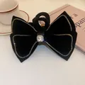 Elegant black velvet bow hair claw clip with rhinestone edges and crystal center - Black Velvet Rhinestone Bow (36)