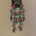 Elegant long floral tassel earrings with green and magenta rhinestones for women - Marquise Green Floral Tassel Style