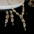 Elegant sparkling rhinestone leaf necklace and drop earrings jewelry set for women - 71# Necklace - Gold - Two-piece Set
