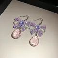 Elegant vintage style zircon bow earrings featuring pink teardrop crystals in light luxury finish - Silver Pink (54#)