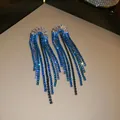 Elegant blue crystal fringe earrings featuring silver needles and a fan-shaped design - Fan Long Tassel (25)