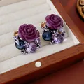 Elegant vintage purple resin rose stud earrings with dark crystals jewelry piece - Purple Rose Crystal Stud (48#) / Purple