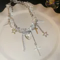 Close-up detail of handcrafted beaded necklace featuring silver heart and star charms - 31# Necklace - Cool Clear Heart Style / Silver-Clear
