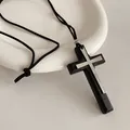 Vintage double cross pendant necklace with black cord in minimalist design - Necklace-Black-Silver