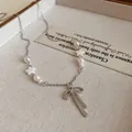 Elegant silver bow necklace with white pearls and star beads for women - 38# Necklace - Bowknot Pearl / Silver
