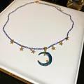 Elegant blue chain necklace featuring gold moon and star charms, bohemian jewelry gifts - 49# Necklace (Blue)