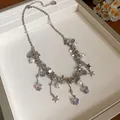Elegant bohemian handmade silver necklace with stars, white pearls and purple butterfly charms - 54# Necklace (Silver)