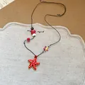Handmade vacation style necklace with red starfish and fish pendants on woven cord. - 56# Polka Dot Starfish Woven Necklace (HN8438) / Red