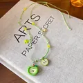 Handmade woven necklace with green apple pendants and beads for a vacation-style look - 61# Apple Pendant Handmade Woven Necklace (HN8438) / Green