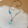 Handcrafted vacation style necklace featuring blue starfish pendant and evil eye bead - 57# Transparent Starfish Woven Necklace (HN8438) / Blue
