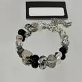 Bracciale di perle regolabile con perle nere, argento e cristallo trasparente - Stile Perline Miste Regolabile (Bracciale 65#) / Argento-Nero