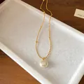 Elegant gold necklace with white pearl pendant and asymmetrical chain design - 88# Single Artificial Pearl Split Chain Necklace (HN8438) / Gold-White