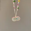 Handmade woven cord necklace with colorful beads and pink peanut-shaped pendant. - 59# Necklace (59#) / Pink