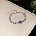 Elegant lavender and white pearl bracelet with a sparkling square blue gemstone centerpiece - 54# Bracelet Square Base Colorful Gem Style / Silver Purple Pink