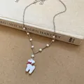 Elegant pearl necklace featuring a cute white dog pendant with a stylish red bow detail. - Puppy Pendant Pearl Choker (62#) / Silver