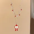 Elegant double-layered silver necklace featuring a red apple pendant and red crystal charms - Apple Pendant Double-Layer Choker (63#) / Silver Red