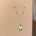 Double-layered silver necklace featuring a cartoon green apple pendant and crystals - Green Apple Pendant Double Necklace (64#) / Silver Green