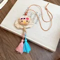 Handmade woven straw fan necklace featuring Hello Kitty charm and colorful silk tassels - Cartoon Cat Woven Fan Ornament (65#) / Blue-Pink