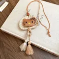 Handmade woven straw fan necklace with Hello Kitty plush mascot and brown tassels - Cartoon Cat Woven Fan Ornament (66#) / Coffee-White