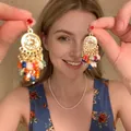 Ethnic style colorful bead tassel drop earrings presented by a beautiful Asian model - Multicolor Ethnic Tassel (23#)