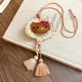 Handmade woven straw Hello Kitty pendant necklace with tassels and vacation style aesthetic - Cartoon Cat Woven Fan Ornament (67#) / Brown-White-Pink