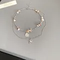 Handmade double-layered silver necklace with natural shells and starfish pendant. - Shell & Starfish Double Necklace (72#) / Silver Coffee