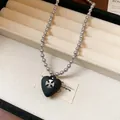Gothic style silver bead necklace with black heart and chrome cross pendant for women - 82# Necklace / Silver-Black