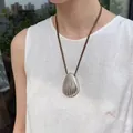 Minimalist silver shell pendant necklace with brown woven cord for stylish women - Style 93# Necklace / Coffee-Silver