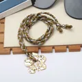 Handmade green and silver woven cord necklace with gold floral pendant for women - 97# Necklace - Gold, Green & Coffee