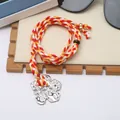 Handmade braided cord necklace with silver flower pendant in red and orange colors - 98# Necklace - Silver, Red & Yellow
