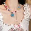 Detailed view of a colorful dopamine style beaded necklace with star charms on model - 40# Necklace Star Pendant / Colorful
