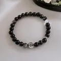 Elegante bracciale di perle di cristallo scuro con ciondolo in argento su sfondo seta - Stile Semplice di Ossidiana (Bracciale 113#) / 6mm (Con confezione regalo) / Nero