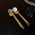 Gold-tone tassel earrings featuring textured circular plates and delicate metal chains. - Silver Post Brushed Geometric Style (43#)