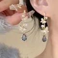 Elegant flower tassel earrings with blue pear-shaped drop stones for women's fashion - Silver Post Rhinestone Tassel Style (9#)