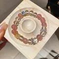 Natural yellow crystal and strawberry quartz beaded bracelet with silver spacers - Style 15 (Flower Spacer) / White-Pink