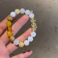 Handmade vintage tiger eye and yellow crystal beaded bracelet in warm Maillard style tones - Style 44 (Scripture Carved) / Yellow-Creamy White